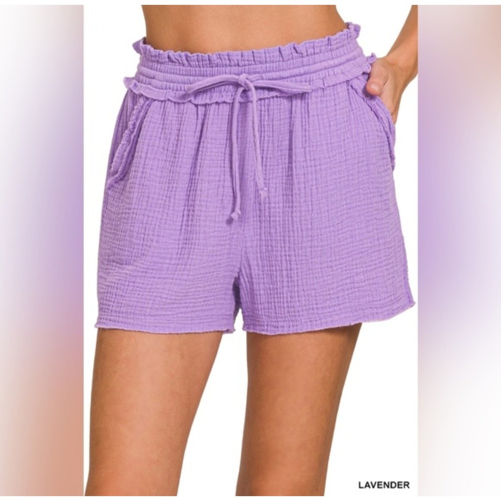 Zenana Double Gauze Cotton Drawstring Waist Shorts Lavender Loose Fit Large